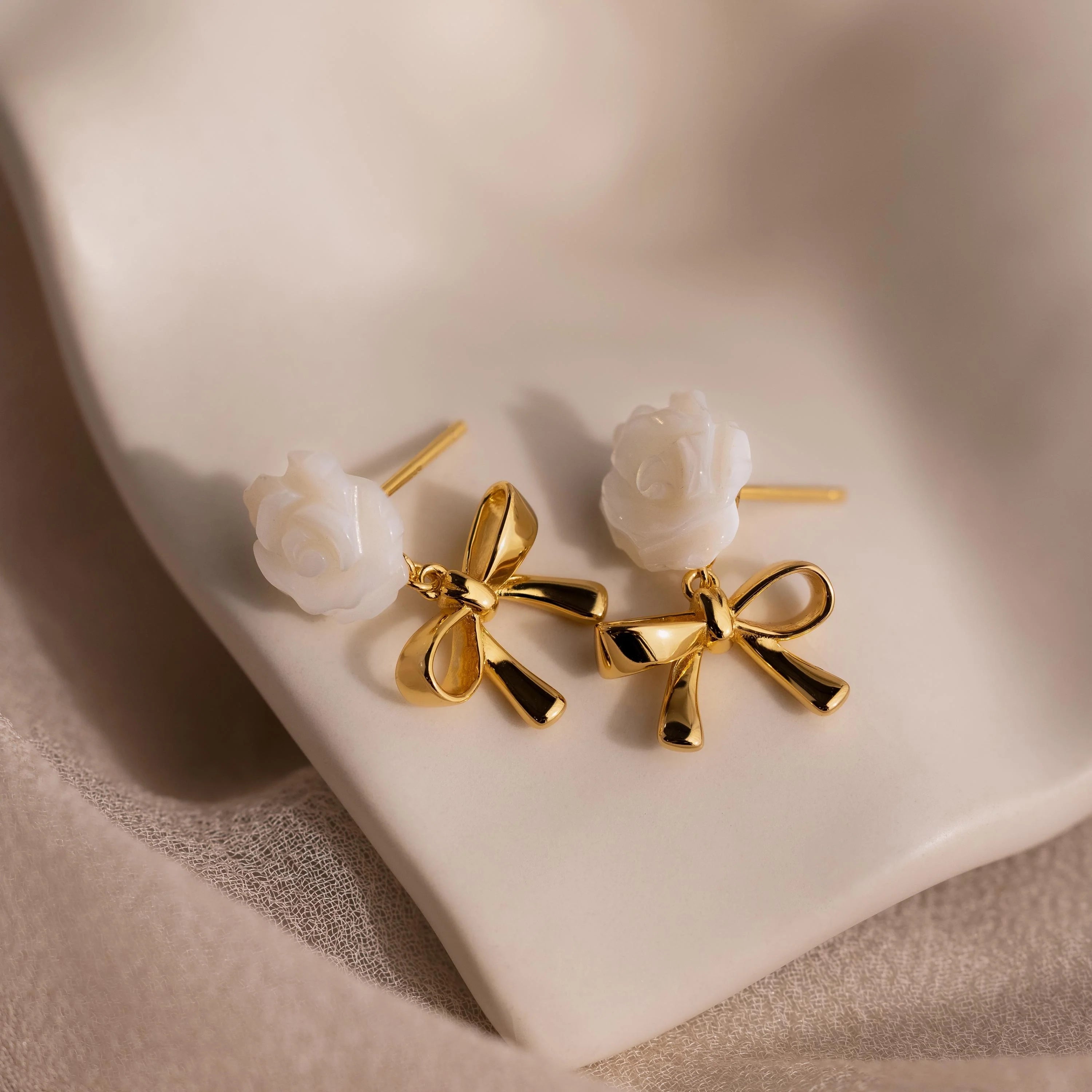 Pearl Rose Ribbon Studs Silver 18K Gold Plated