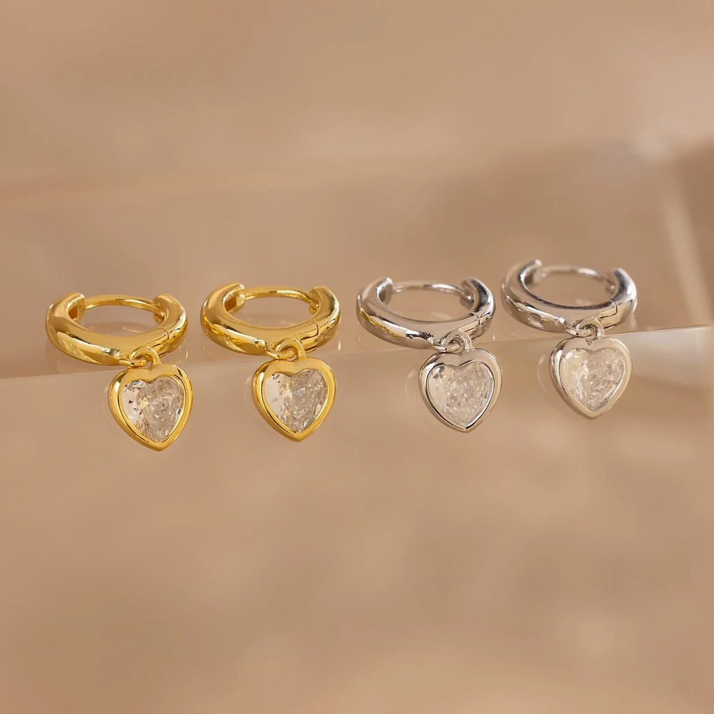 Diamond Heart Drop Huggies Silver 18K Gold Plated
