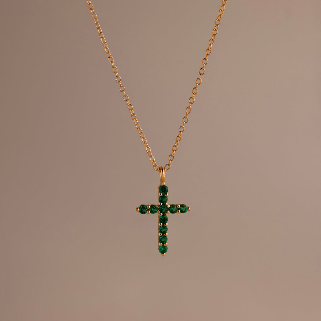 Pave Emerald Cross Necklace Silver 18K Gold Plated