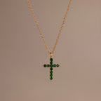 Pave Emerald Cross Necklace Silver 18K Gold Plated