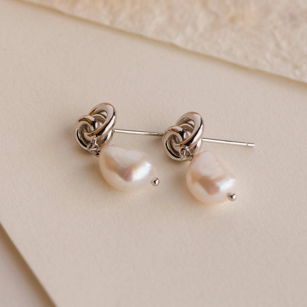 Knot Pearl Drop Earrings Silver 18K Gold Plated