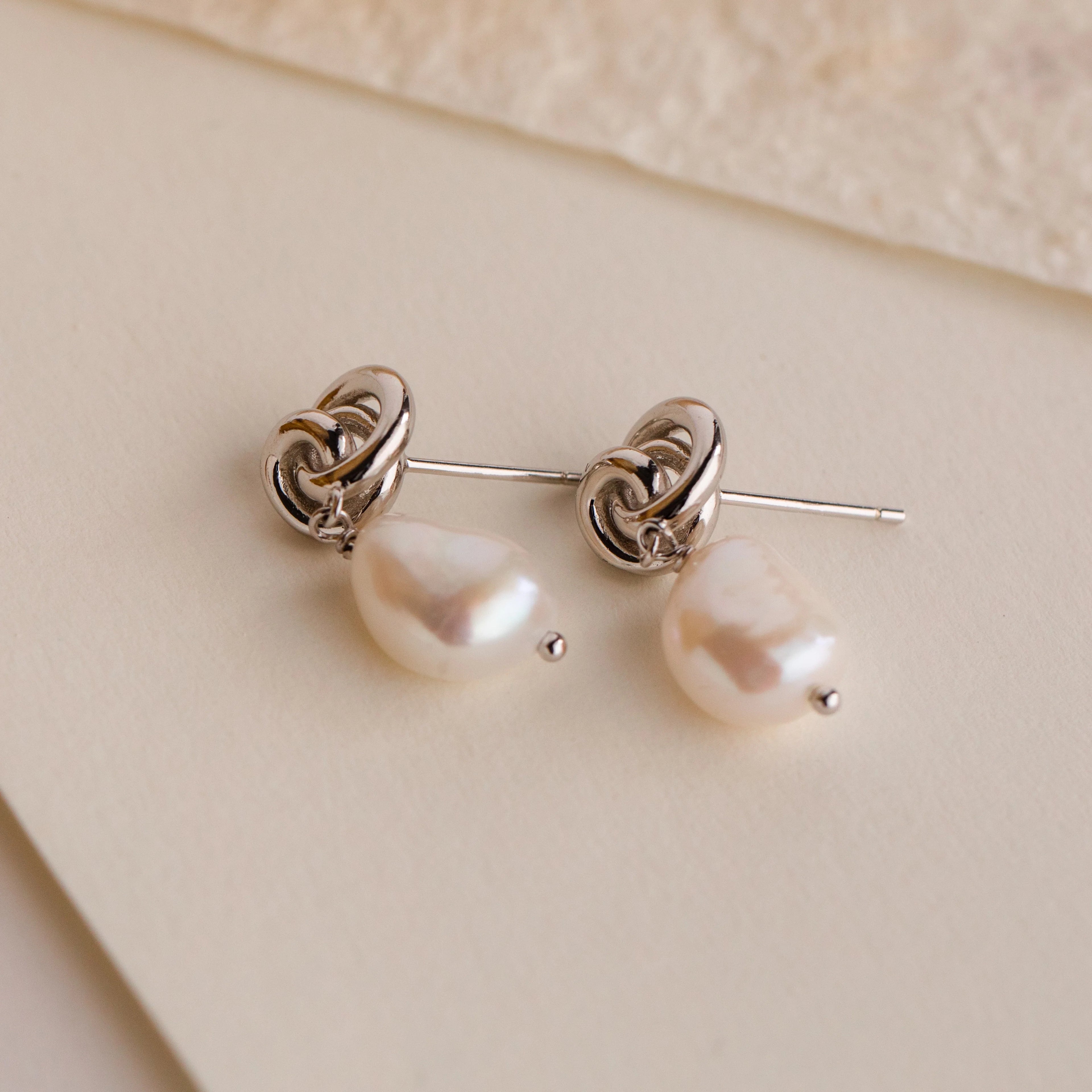 Knot Pearl Drop Earrings Silver 18K Gold Plated