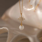 Pavé North Star Pearl Necklace Silver 18K Gold Plated