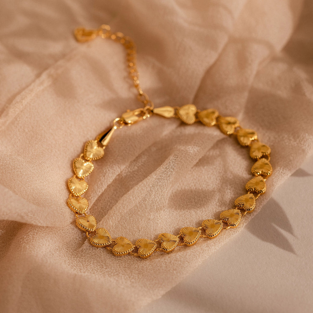 Ribbed Heart Link Bracelet Silver 18K Gold Plated