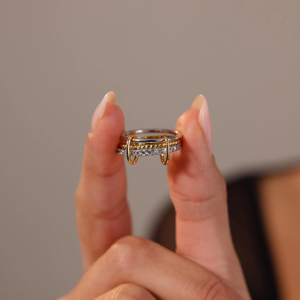 Pave Mixed Metal Linked Ring Set Silver 18K Gold Plated