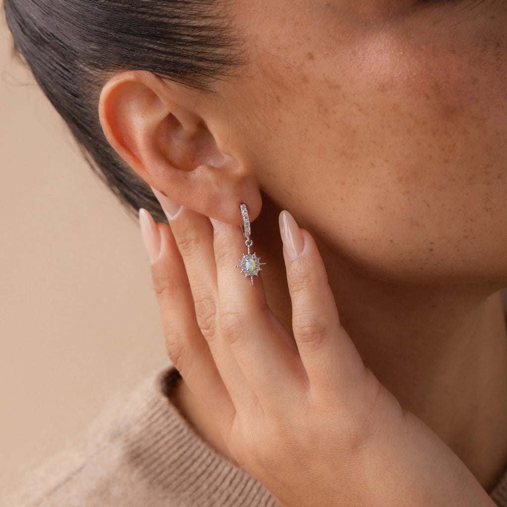 Pave Diamond Opal Star Huggies Silver 18K Gold Plated
