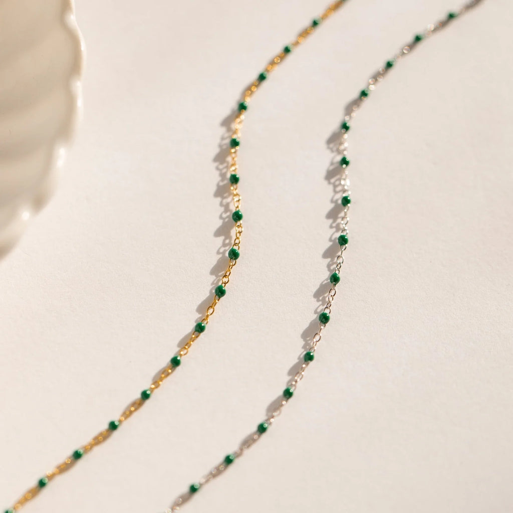 Emerald Beads Station Necklace Silver 18K Gold Plated