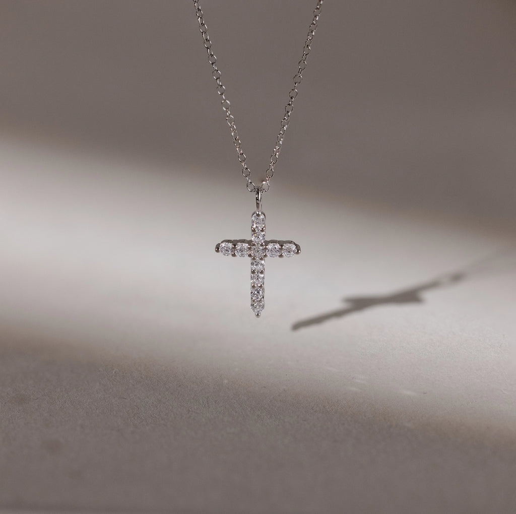Diamond Pave Cross Necklace Silver 18K Gold Plated