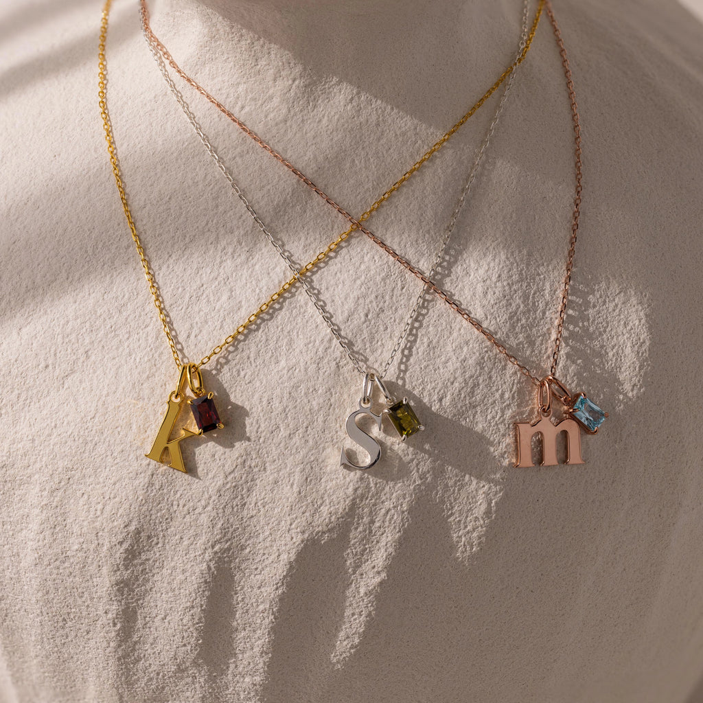 Initial Birthstone Charm Necklace Silver 18K Gold Plated