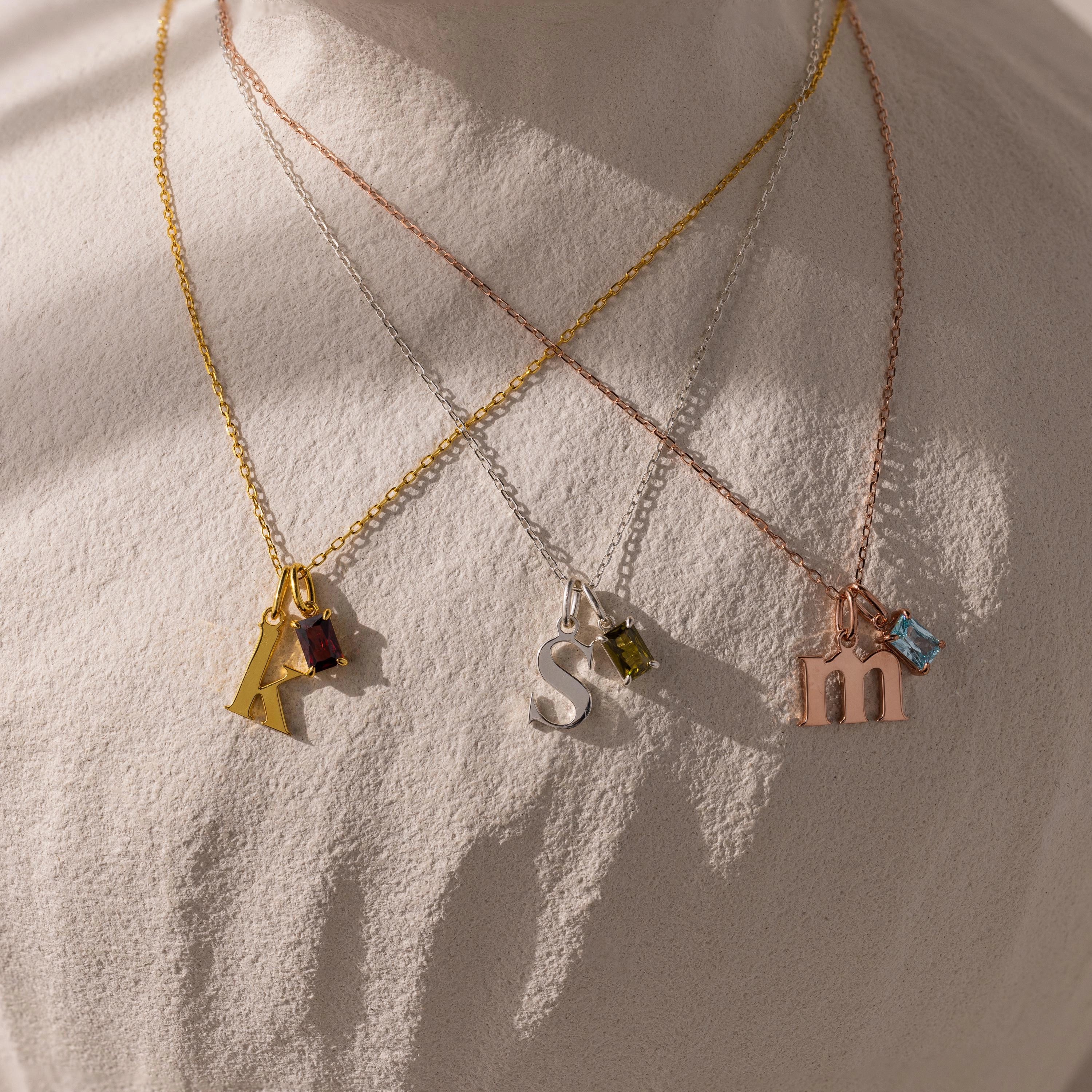 Initial Birthstone Charm Necklace Silver 18K Gold Plated