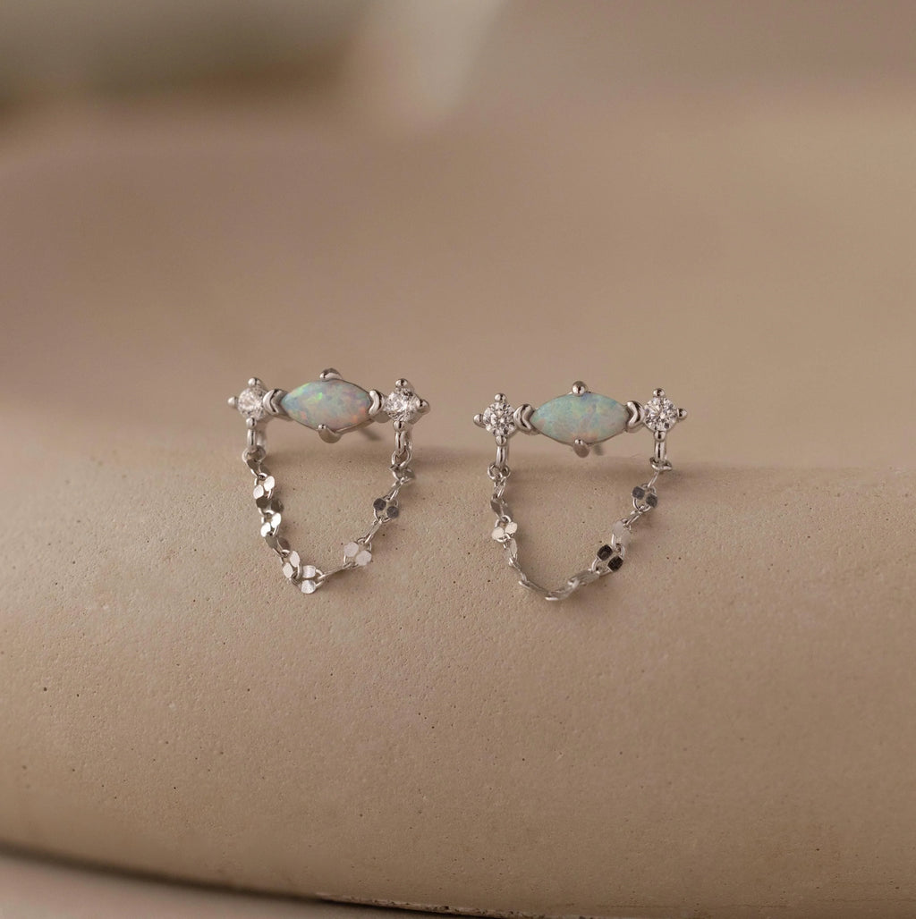 Opal & Diamond Mirror Chain Studs Silver 18K Gold Plated