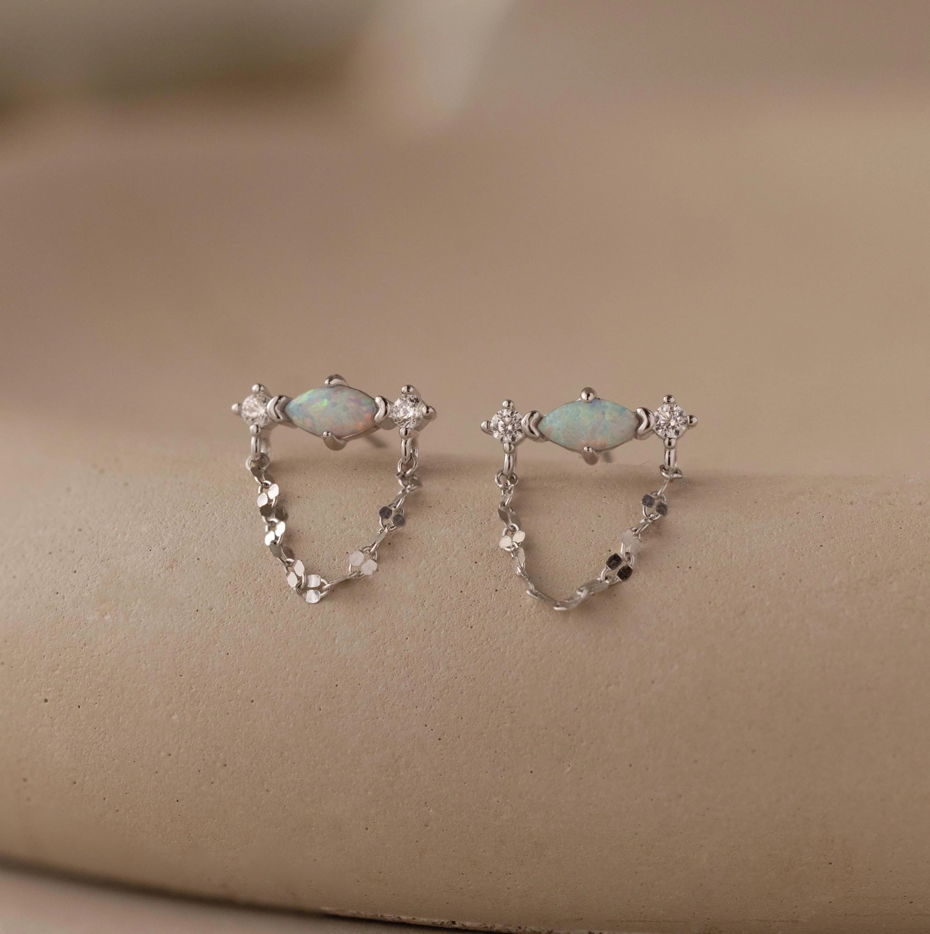 Opal & Diamond Mirror Chain Studs Silver 18K Gold Plated