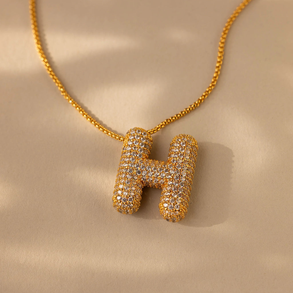 Pave Puff Letter Necklace Silver 18K Gold Plated