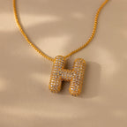 Pave Puff Letter Necklace Silver 18K Gold Plated