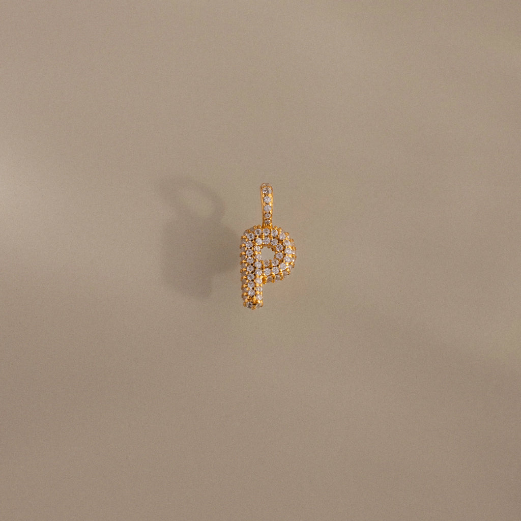 Diamond Pave Bubble Letter Charm Silver 18K Gold Plated