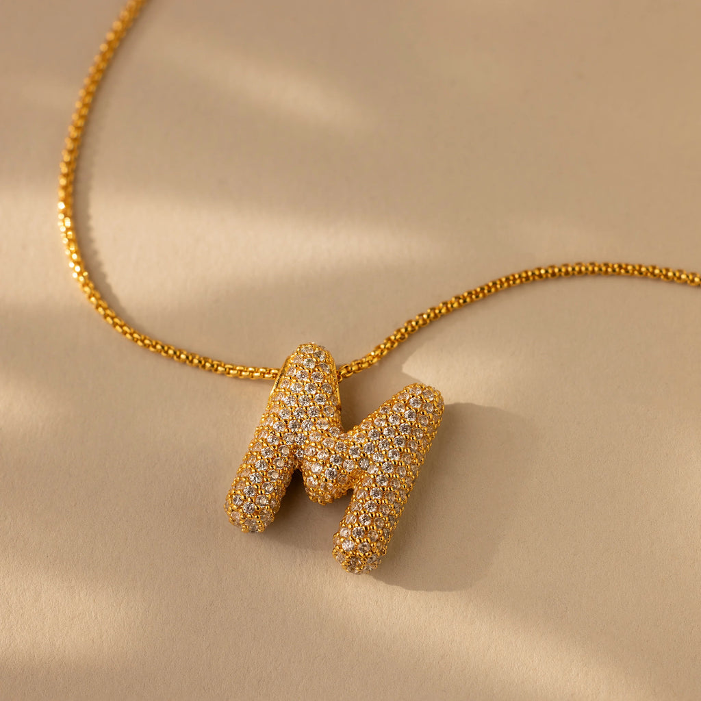 Pave Puff Letter Necklace Silver 18K Gold Plated