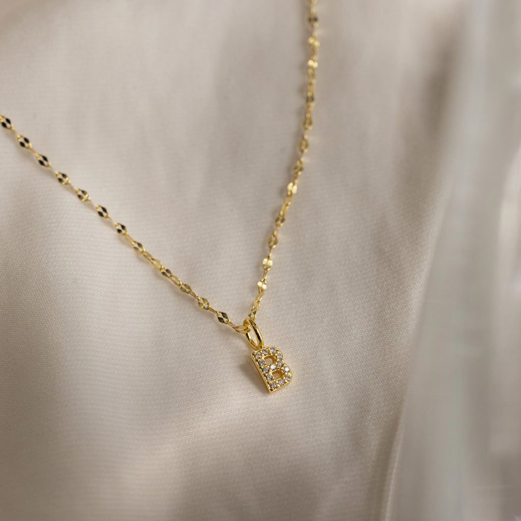 Dainty Pave Letter Necklace Silver 18K Gold Plated