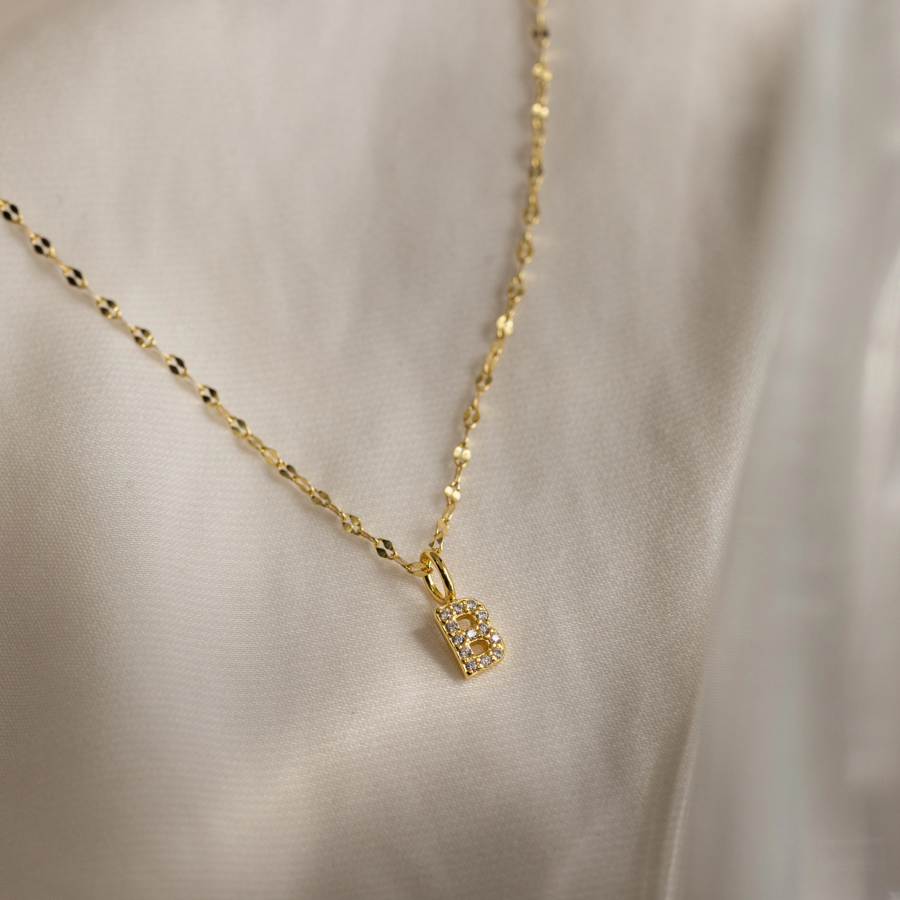 Dainty Pave Letter Necklace Silver 18K Gold Plated