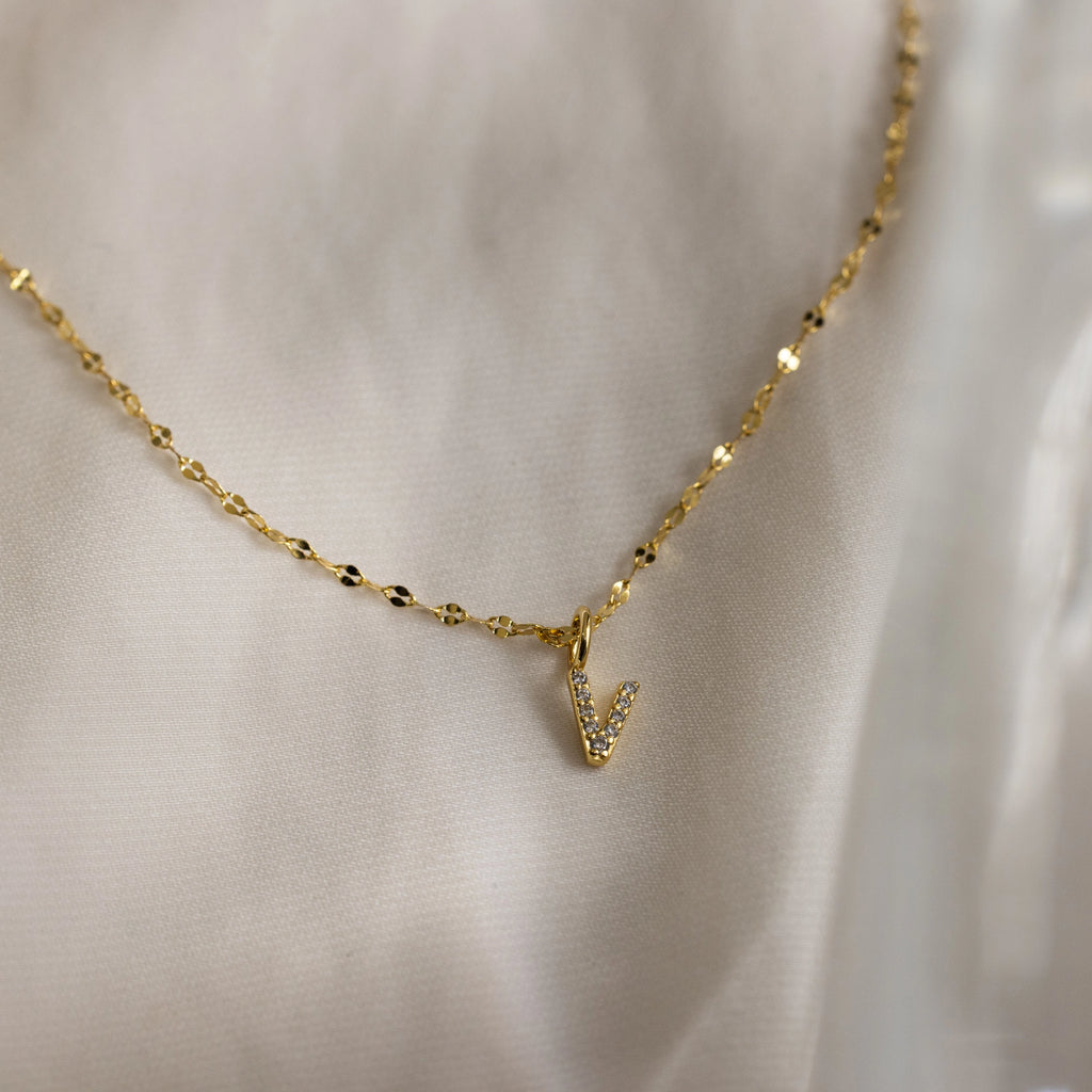 Dainty Pave Letter Necklace Silver 18K Gold Plated