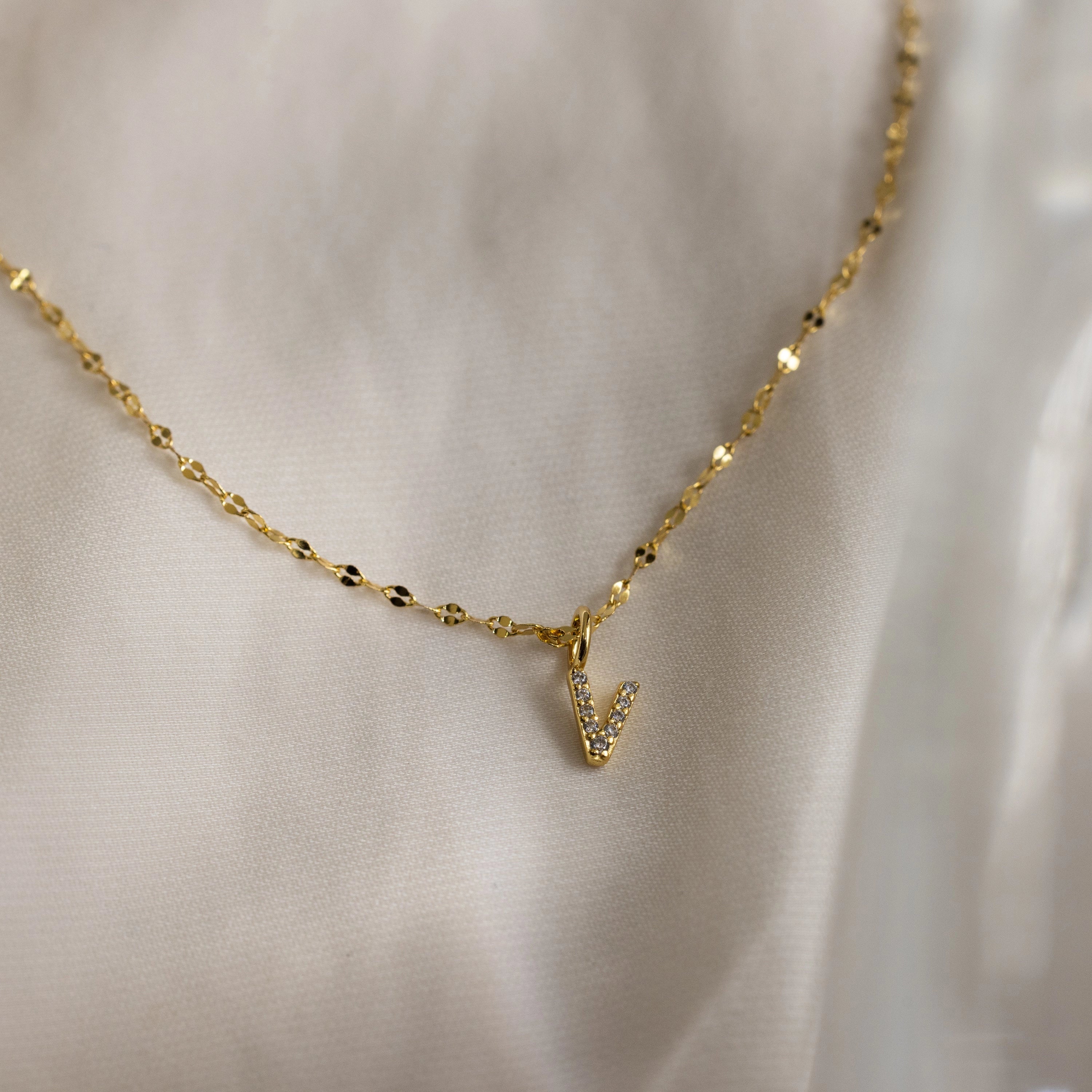 Dainty Pave Letter Necklace Silver 18K Gold Plated