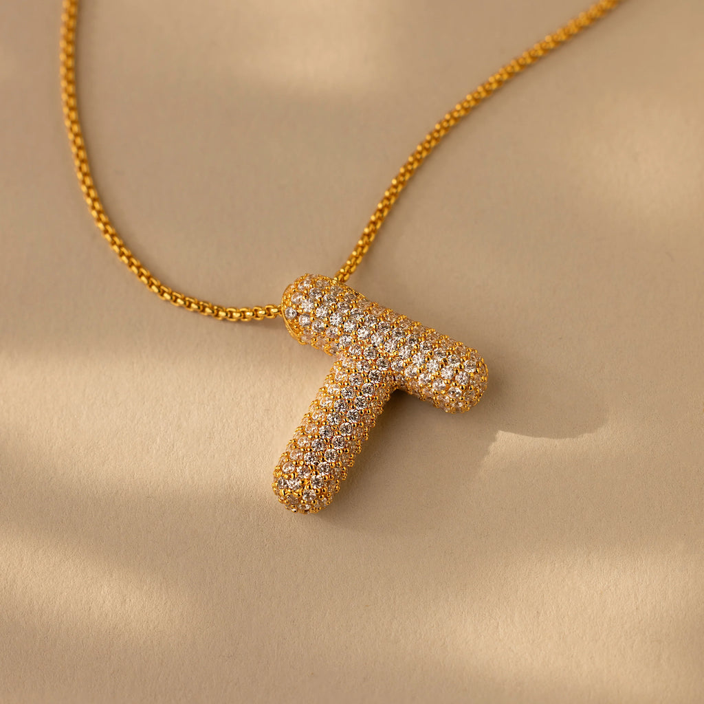 Pave Puff Letter Necklace Silver 18K Gold Plated