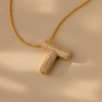 Pave Puff Letter Necklace Silver 18K Gold Plated