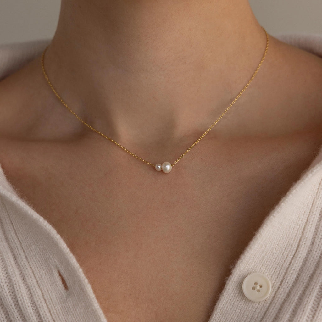 Dainty Duo Pearl Necklace Silver 18K Gold Plated