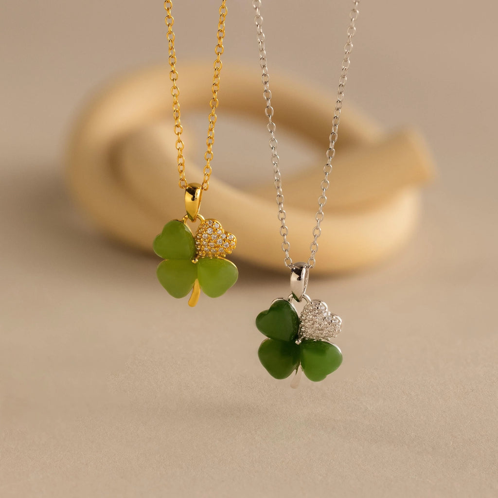 Pave Jade Clover Necklace Silver 18K Gold Plated