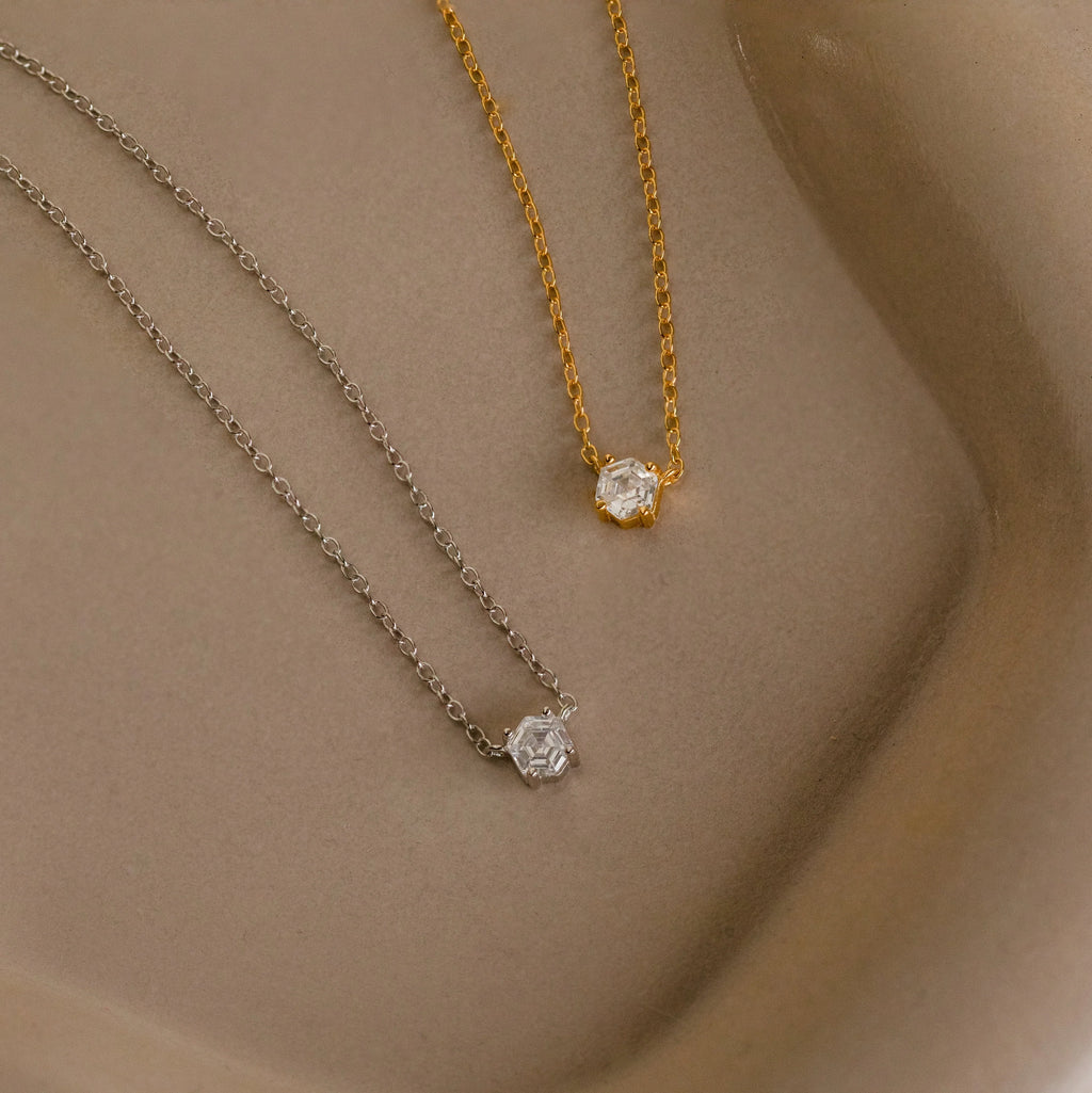 Hexagonal Diamond Charm Necklace Silver 18K Gold Plated