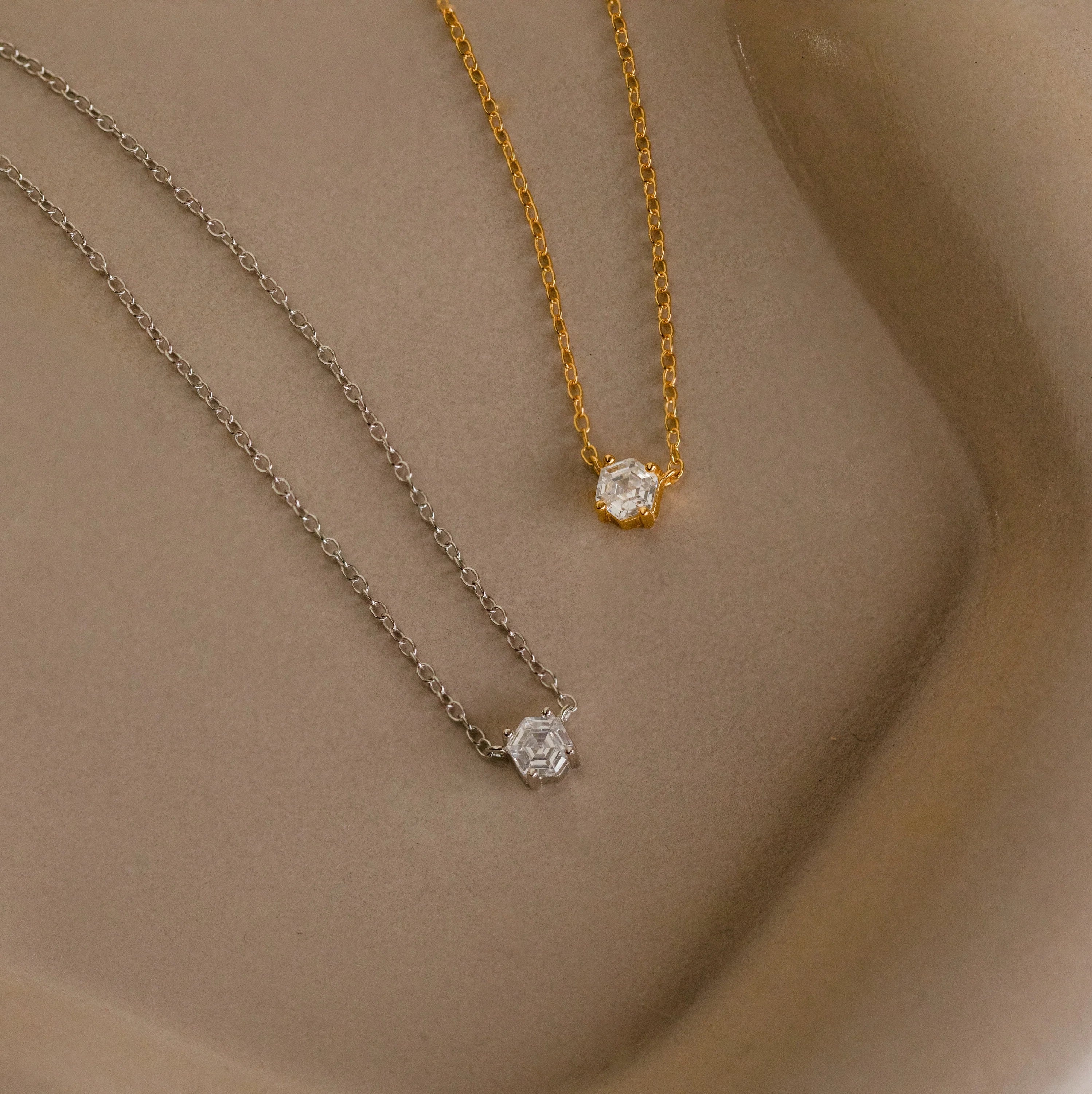 Hexagonal Diamond Charm Necklace Silver 18K Gold Plated