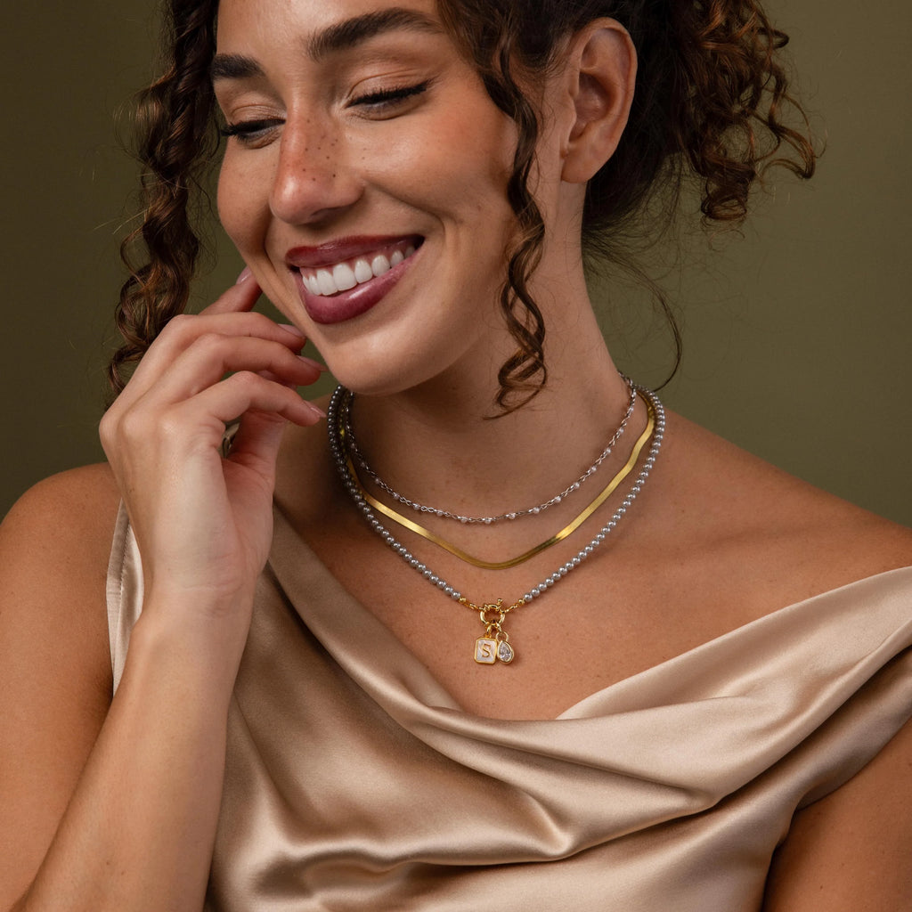 Grey Pearl Charm Necklace Silver 18K Gold Plated