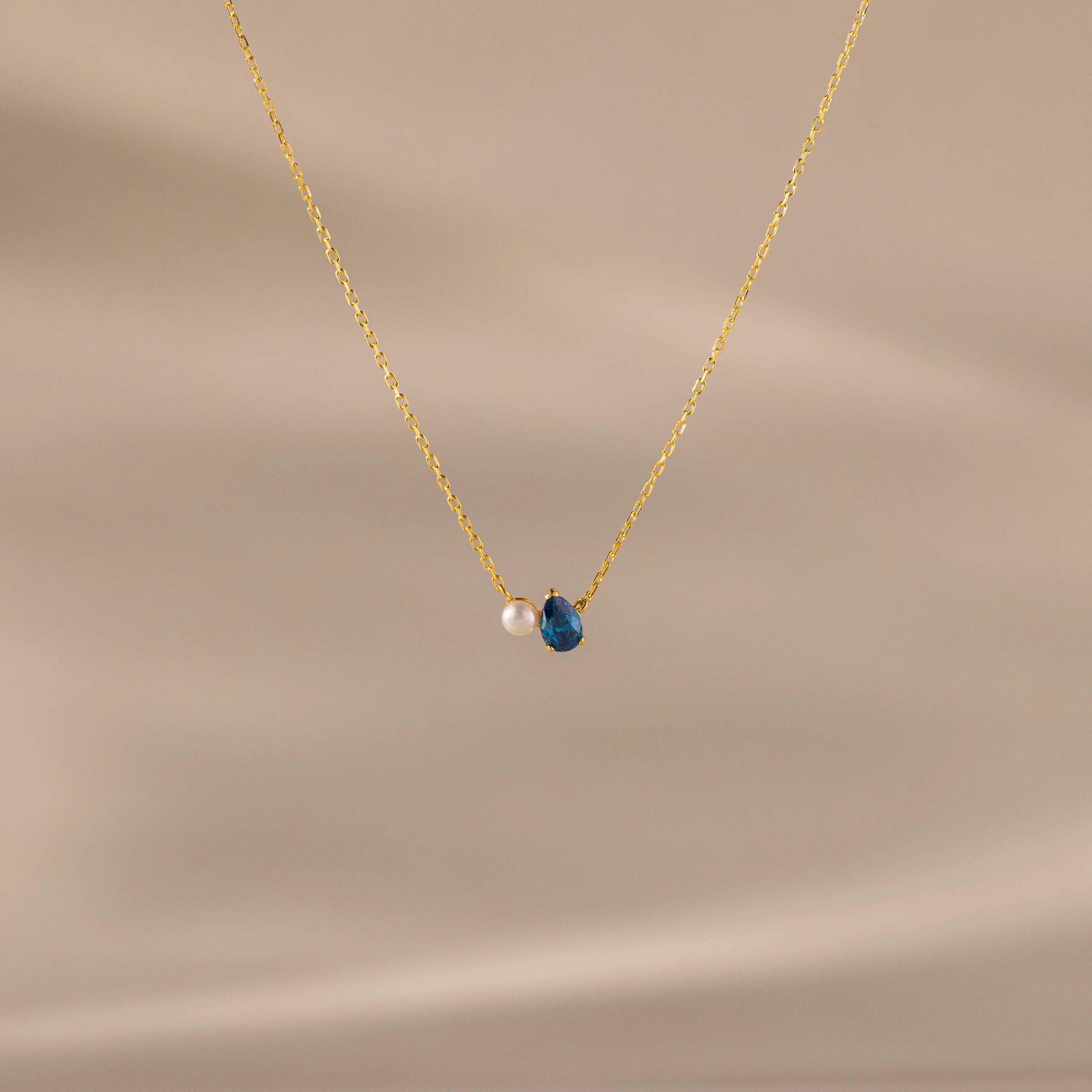 Teardrop Blue Zircon & Pearl Necklace Silver 18K Gold Plated