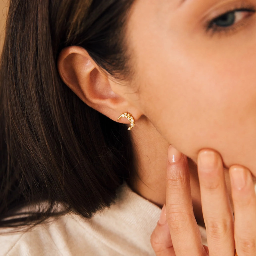 Crescent Moon & Star Stud Silver 18K Gold Plated