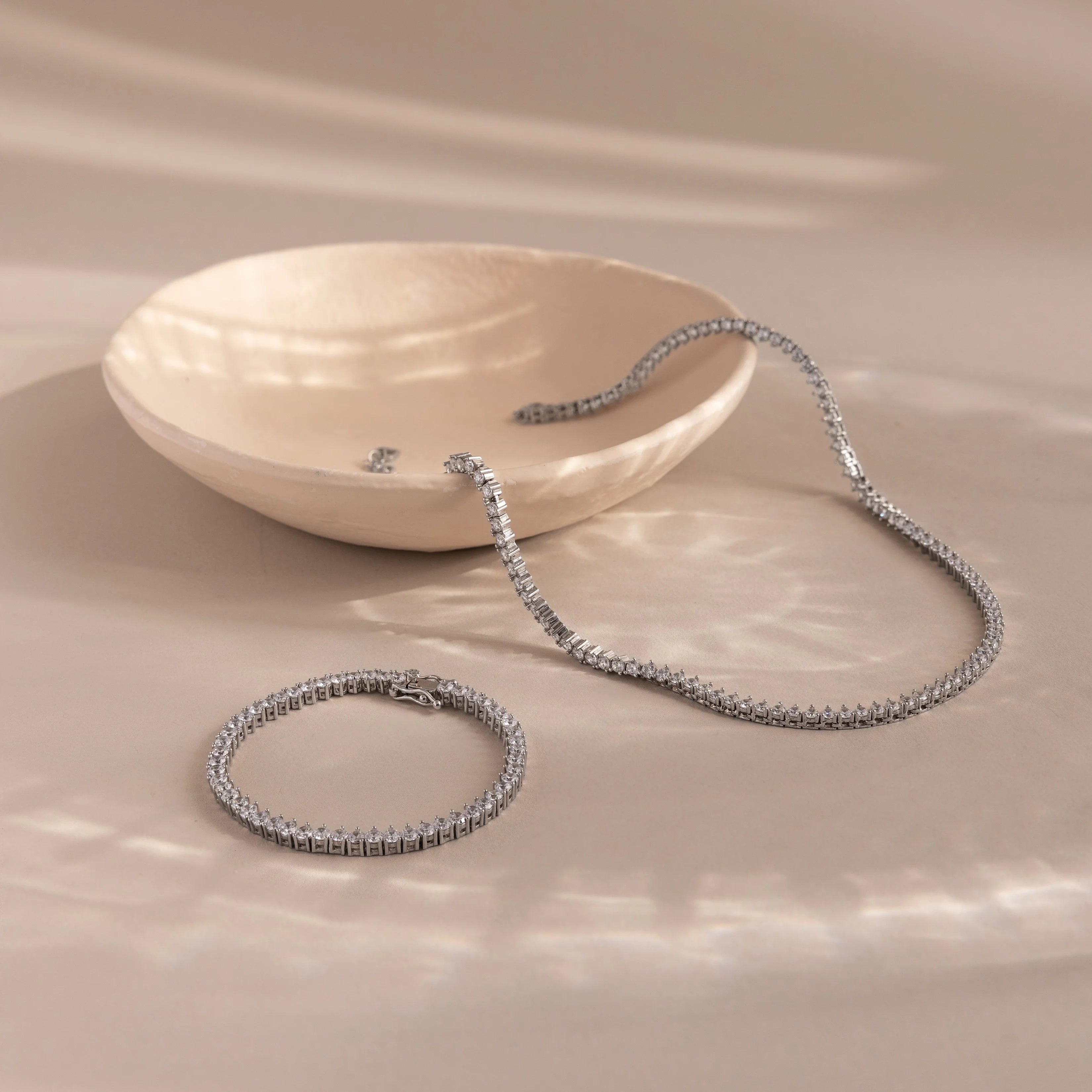 Diamond Tennis Necklace & Bracelet Set Silver 18K Gold Plated
