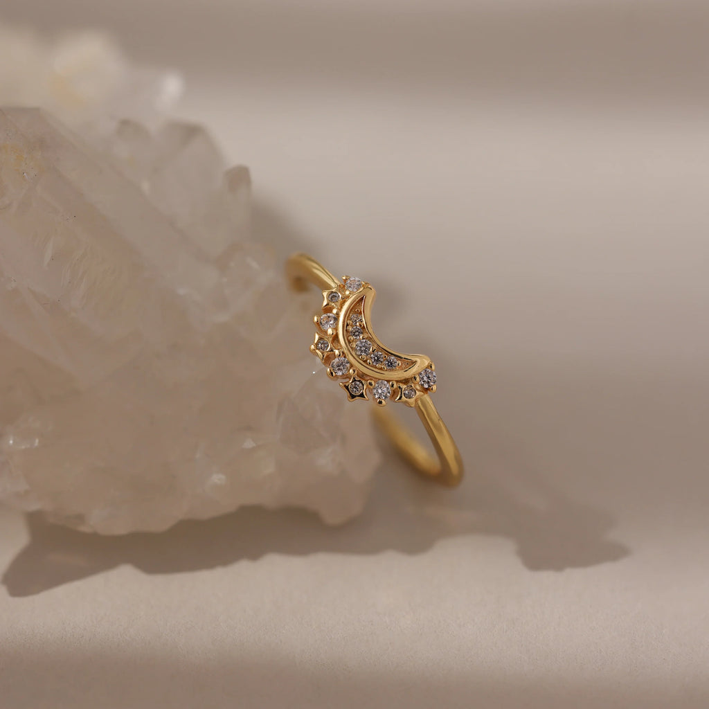 Diamond Star Moon Ring Silver 18K Gold Plated