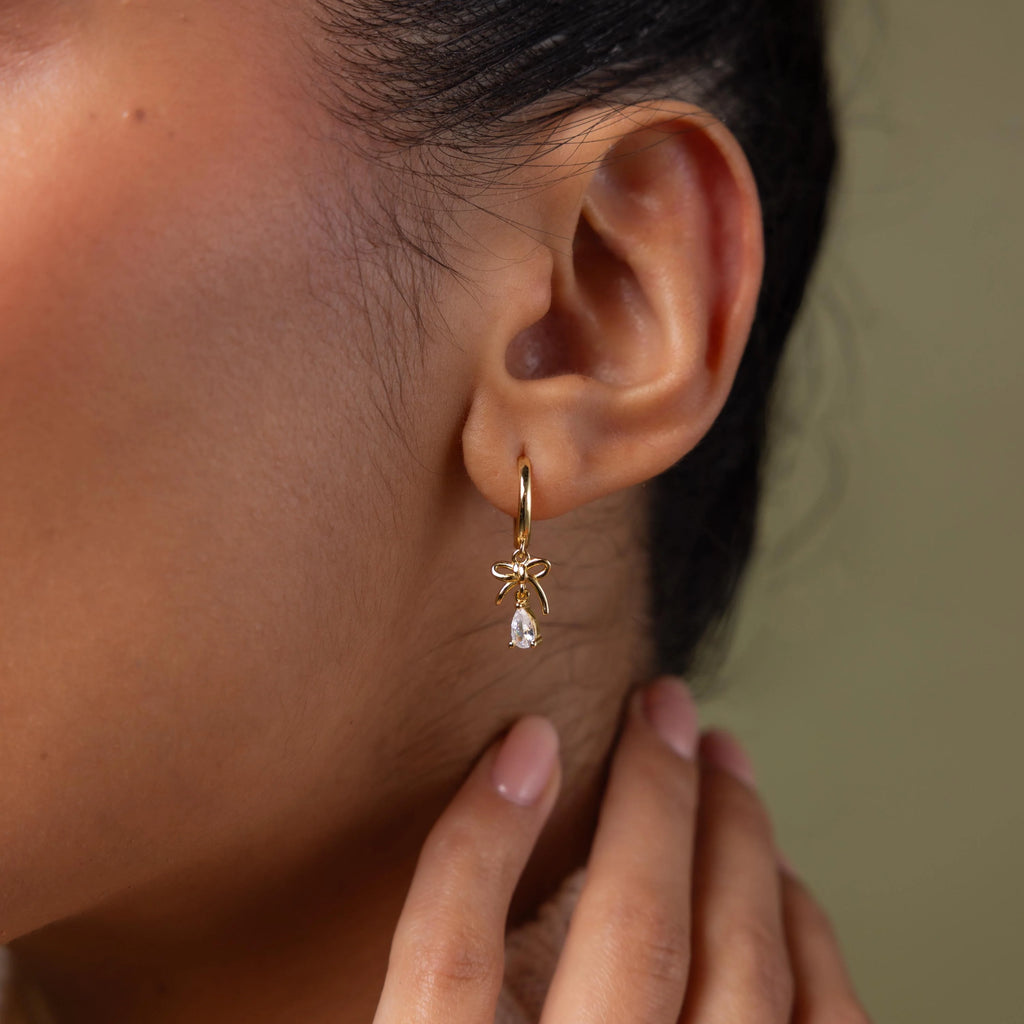 Diamond Teardrop Ribbon Charm Hoops Silver 18K Gold Plated