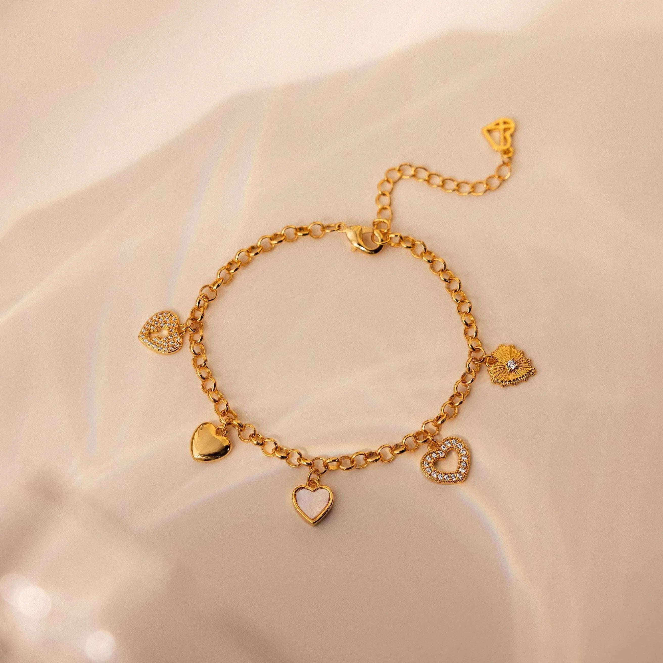 Heart Charm Bracelet Silver 18K Gold Plated