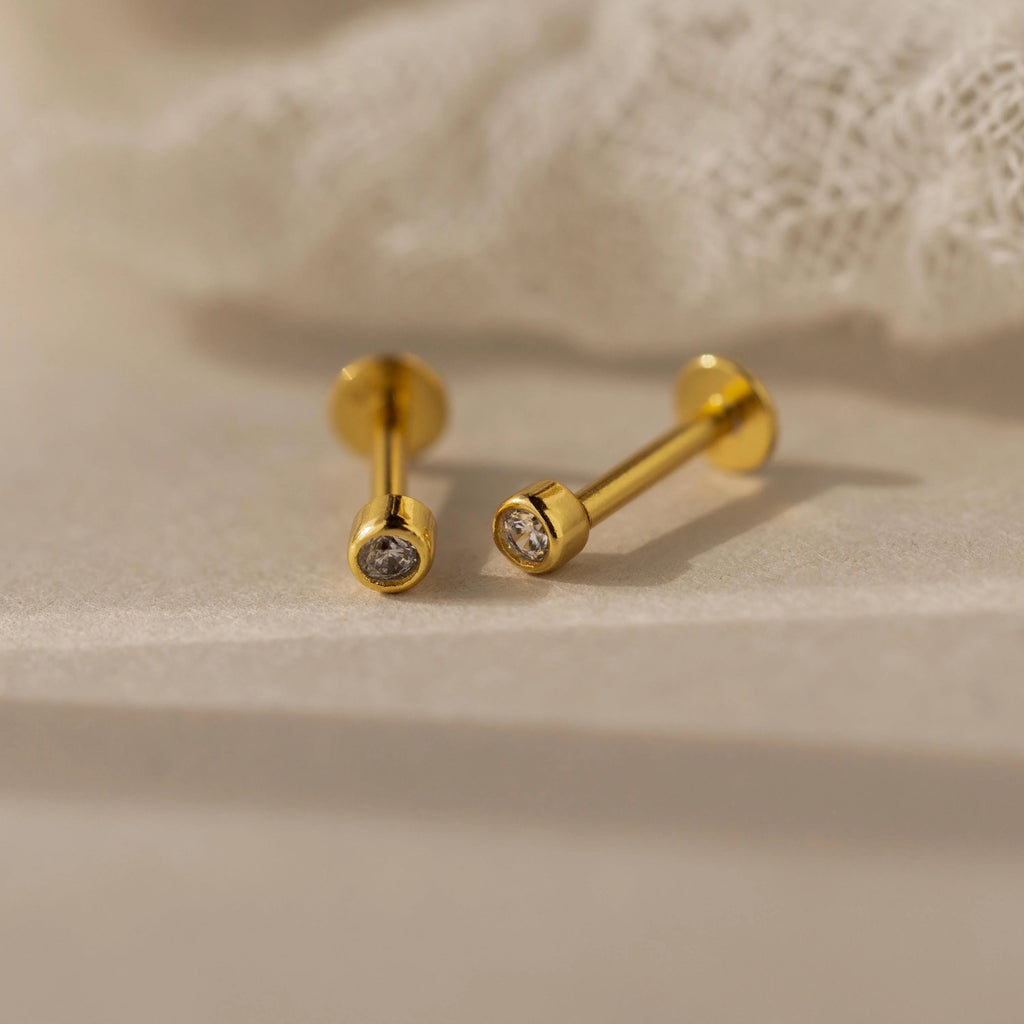 Small Diamond Bezel Flatback Studs Silver 18K Gold Plated
