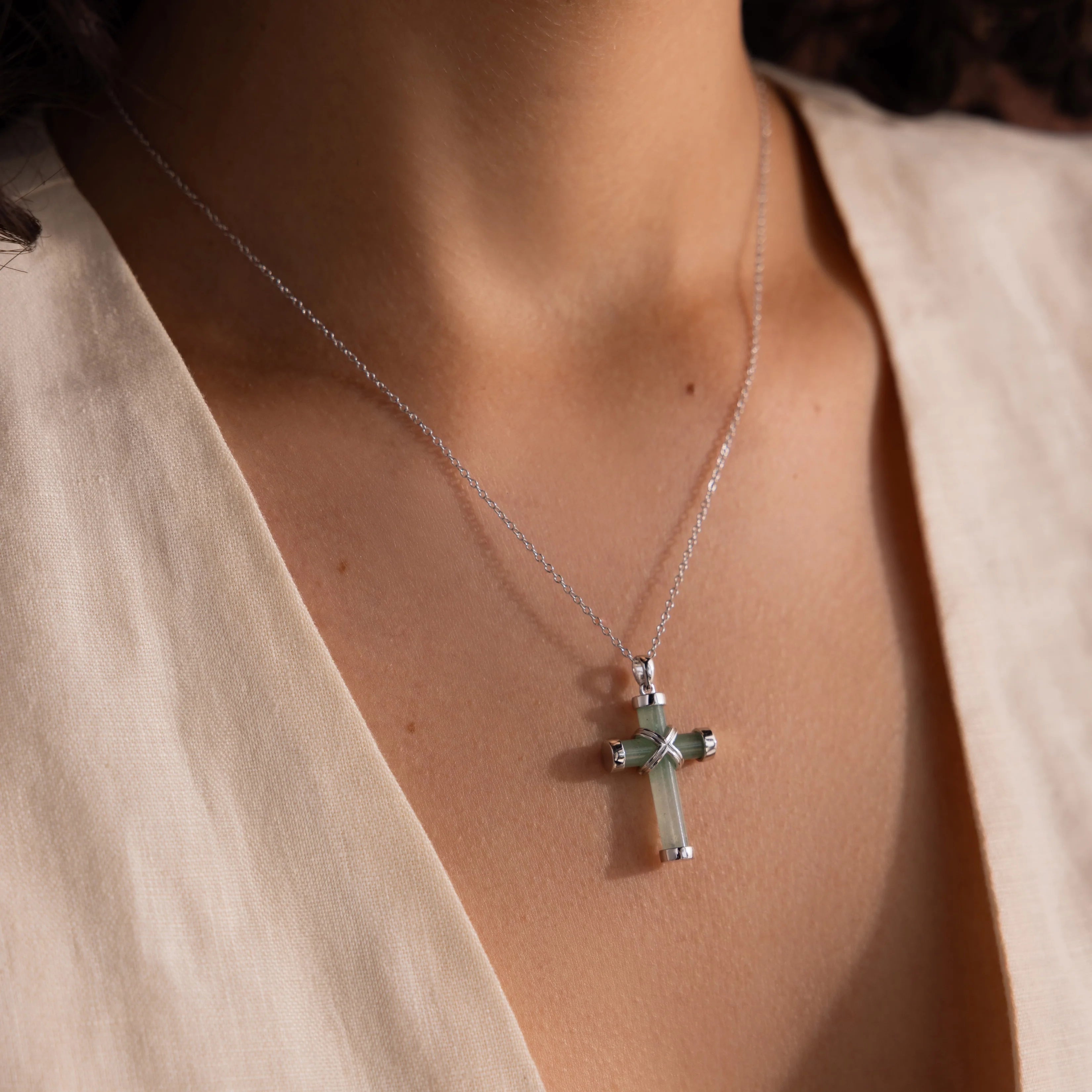 Jade Cross Necklace Silver 18K Gold Plated