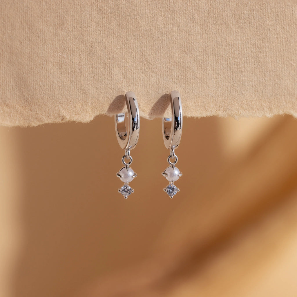Dangling Pearl Diamond Huggies Silver 18K Gold Plated