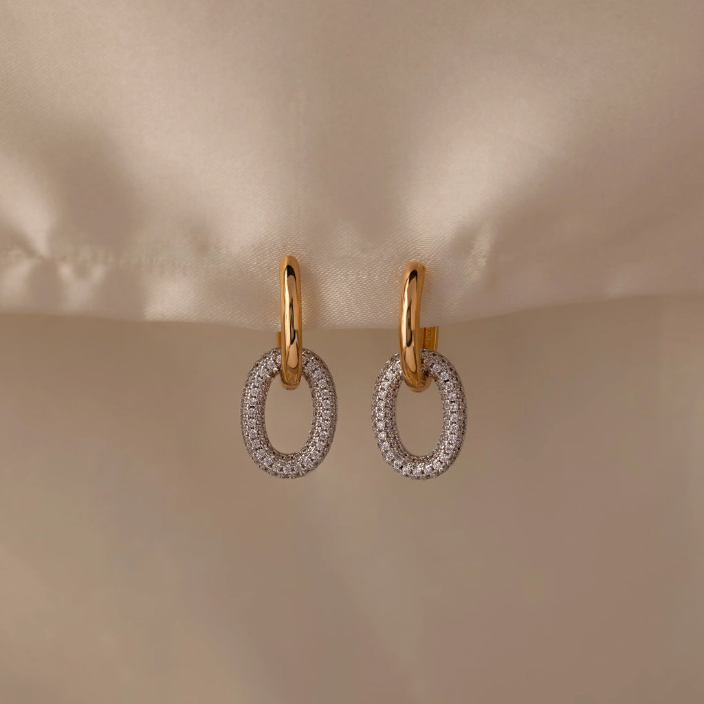 Mixed Metal Linked Pave Diamonds Hoops Silver 18K Gold Plated