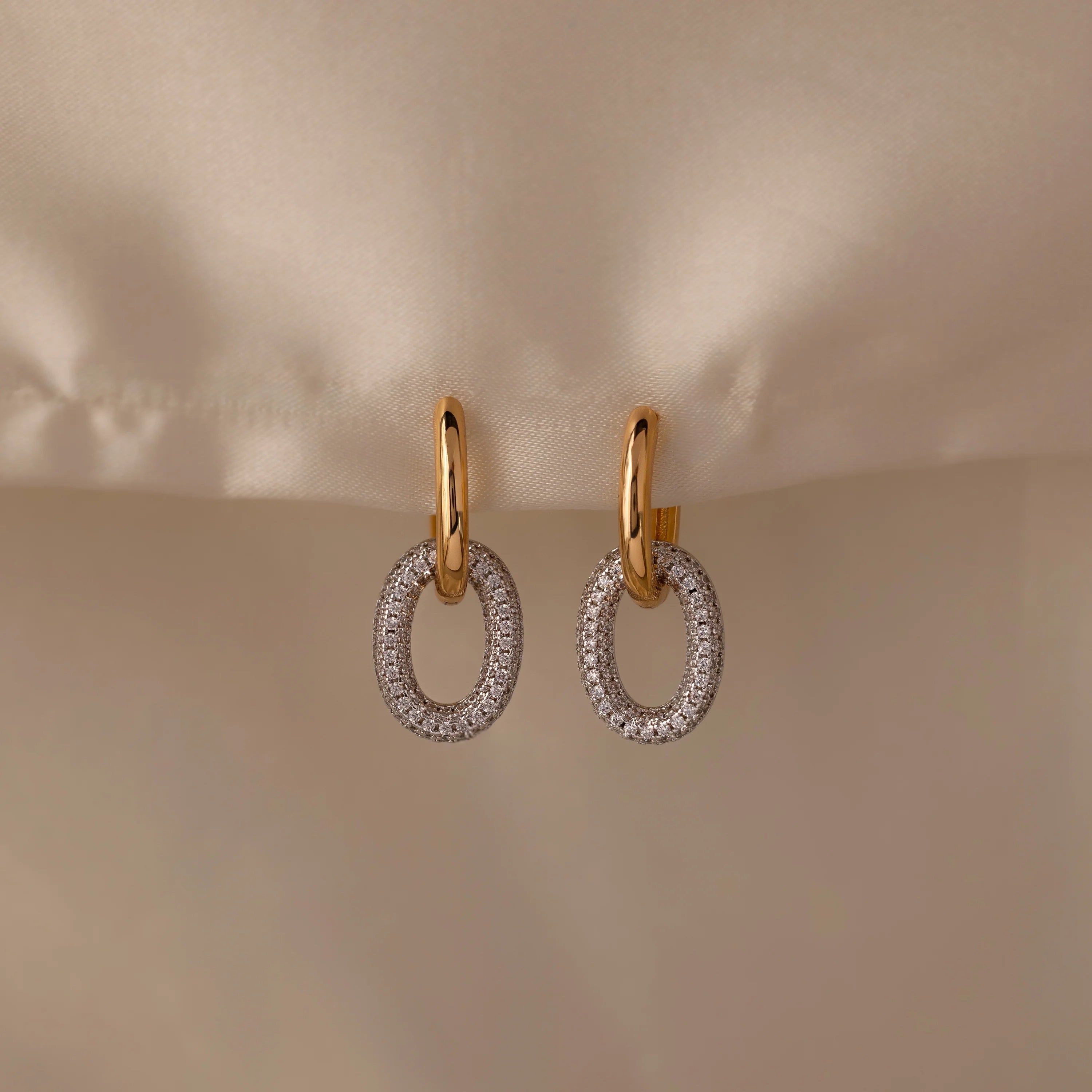 Mixed Metal Linked Pave Diamonds Hoops Silver 18K Gold Plated