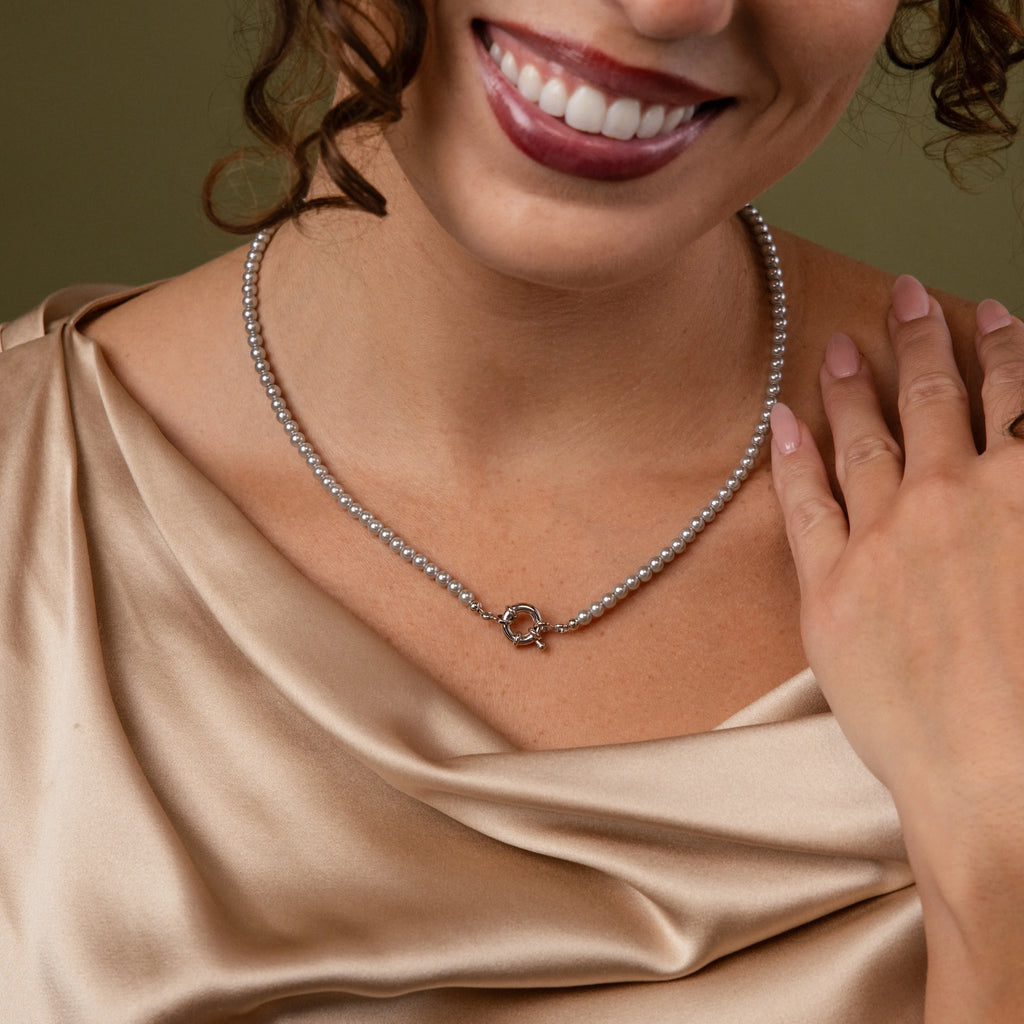 Grey Pearl Charm Necklace Silver 18K Gold Plated