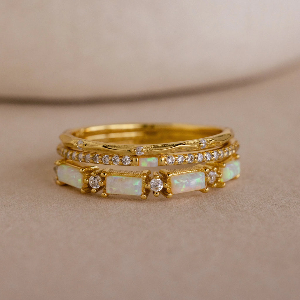 Diamond Opal Ring Set Silver 18K Gold Plated