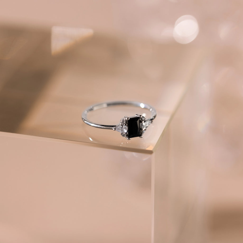Diamond Black Baguette Onyx Ring Silver 18K Gold Plated