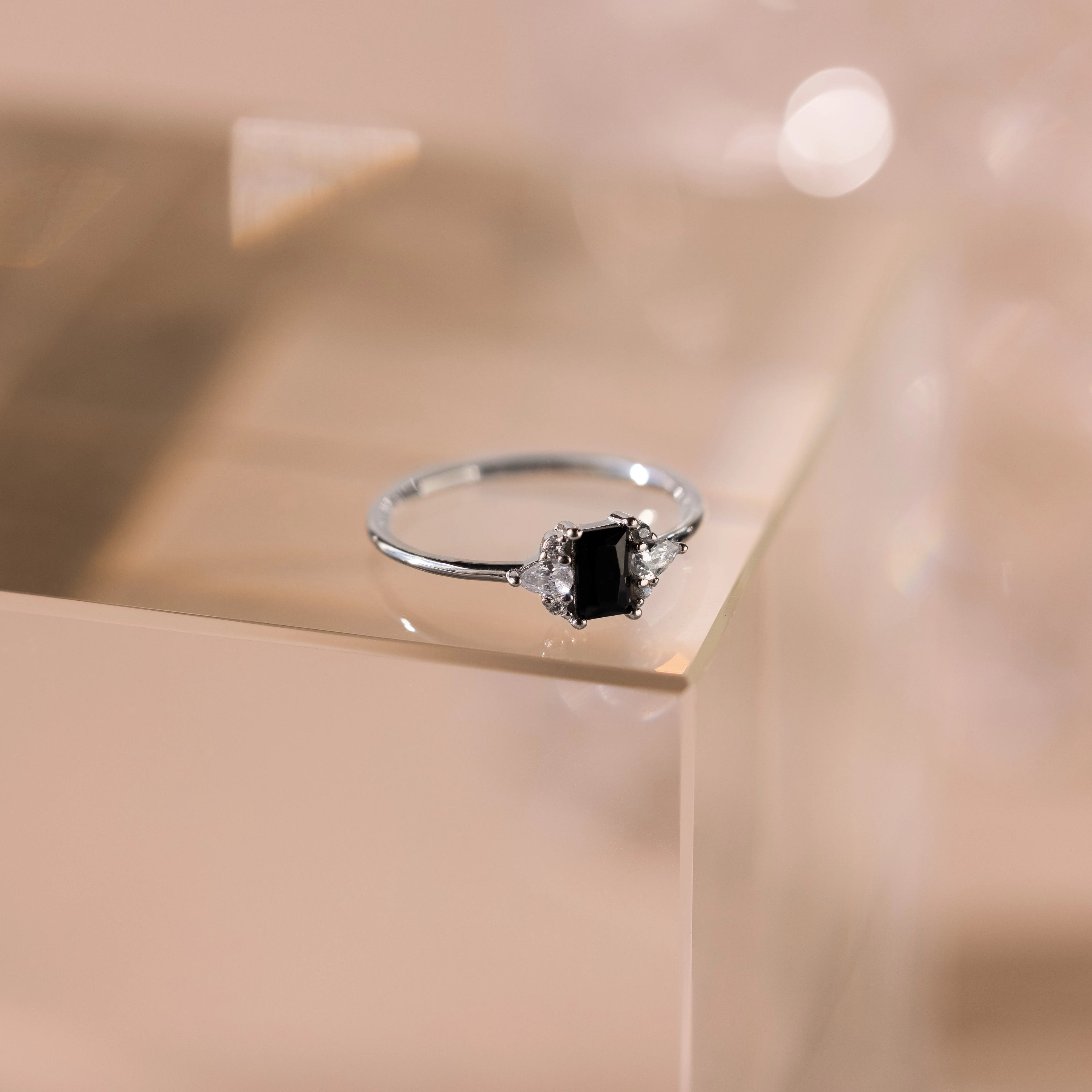 Diamond Black Baguette Onyx Ring Silver 18K Gold Plated