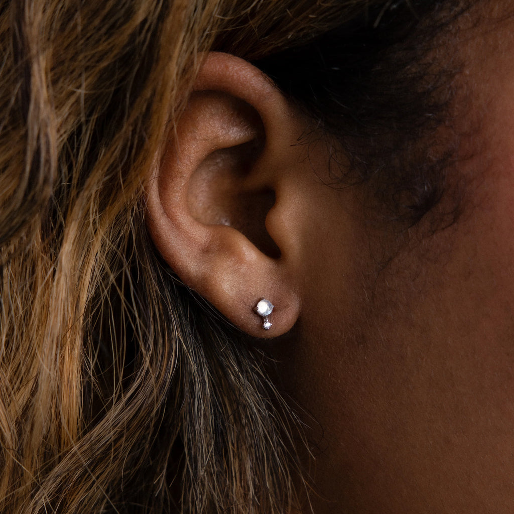 Diamond Moonstone Orbit Studs Silver 18K Gold Plated
