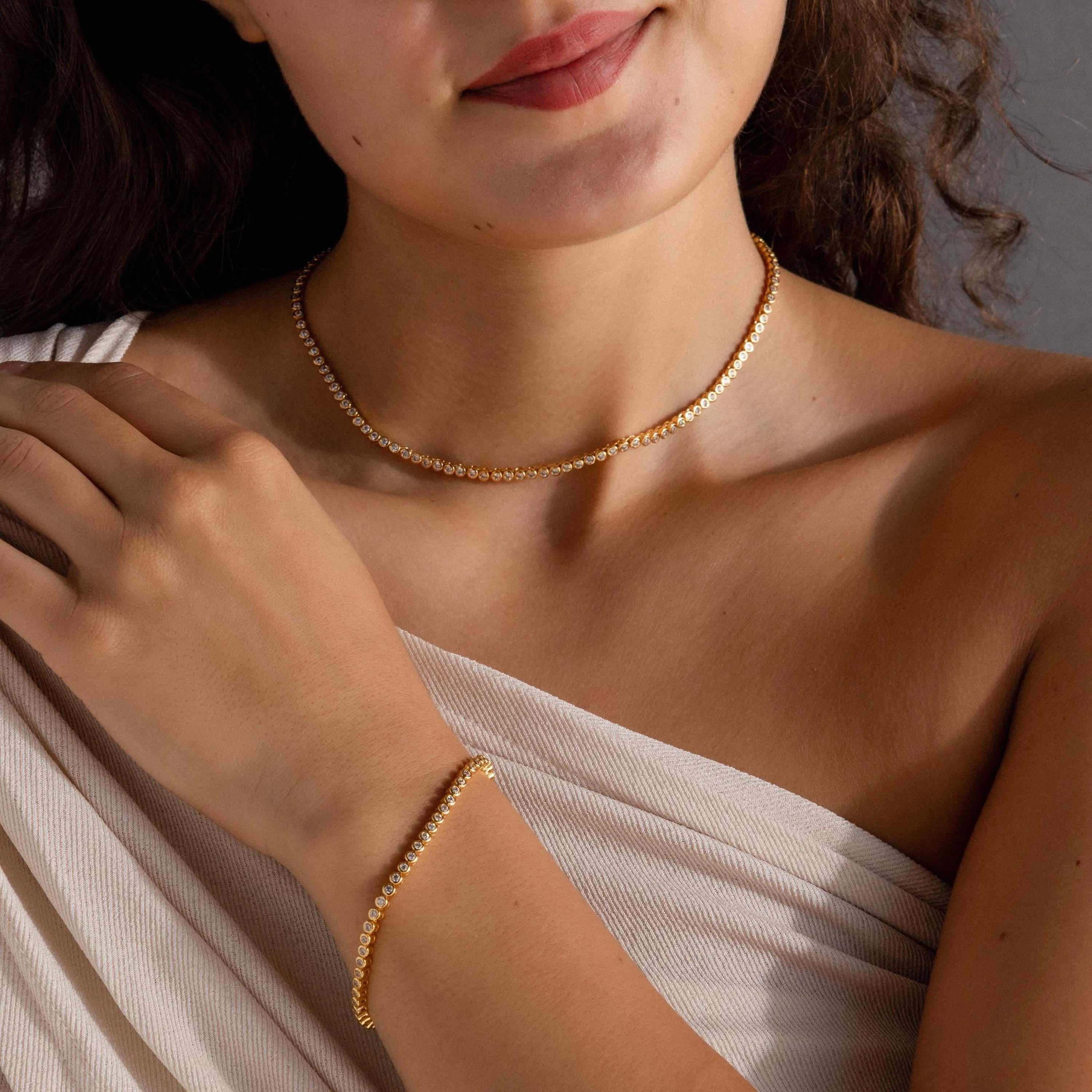 Diamond Bezel Tennis Necklace & Bracelet Set Silver 18K Gold Plated