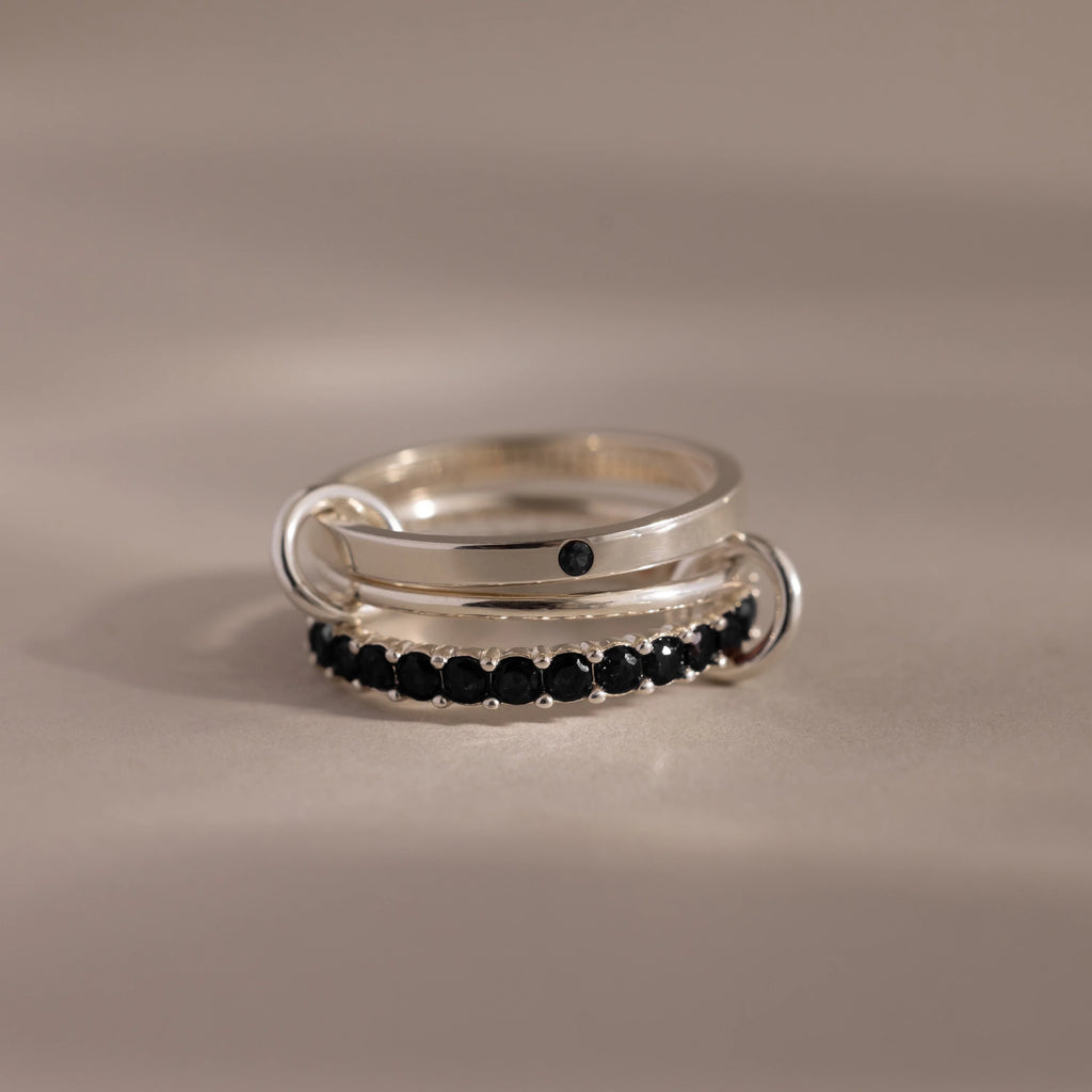 Onyx Triple Linked Ring Set Silver 18K Gold Plated