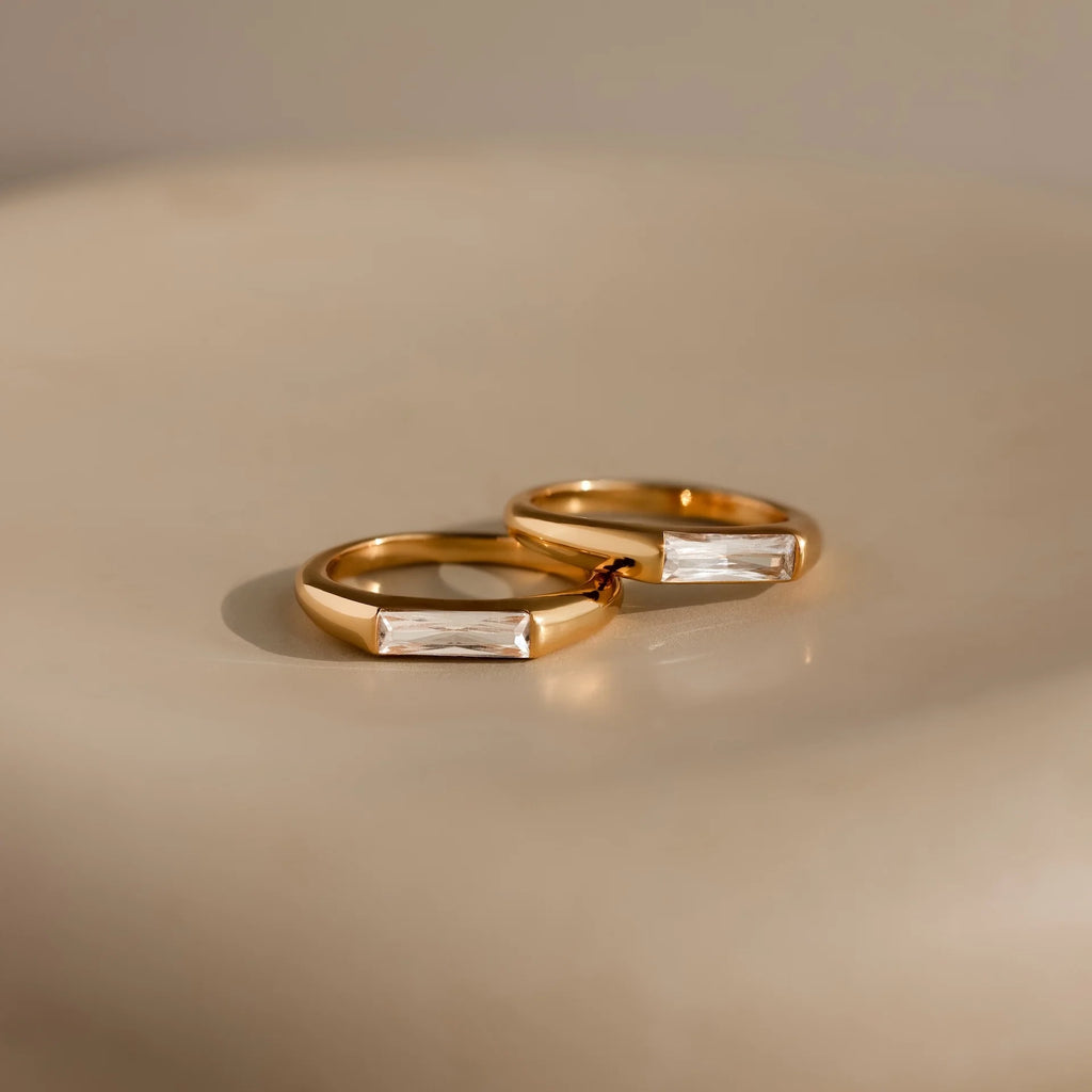 Baguette Cut Diamond Signet Ring Silver 18K Gold Plated